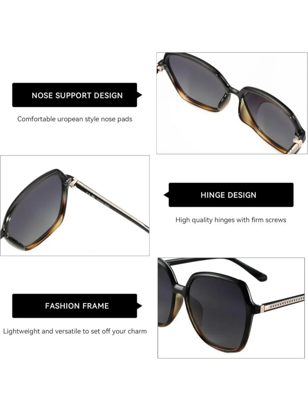 Women's Polarized Oversized Square Sun Glasses Shades UV400 Protection C03 Black